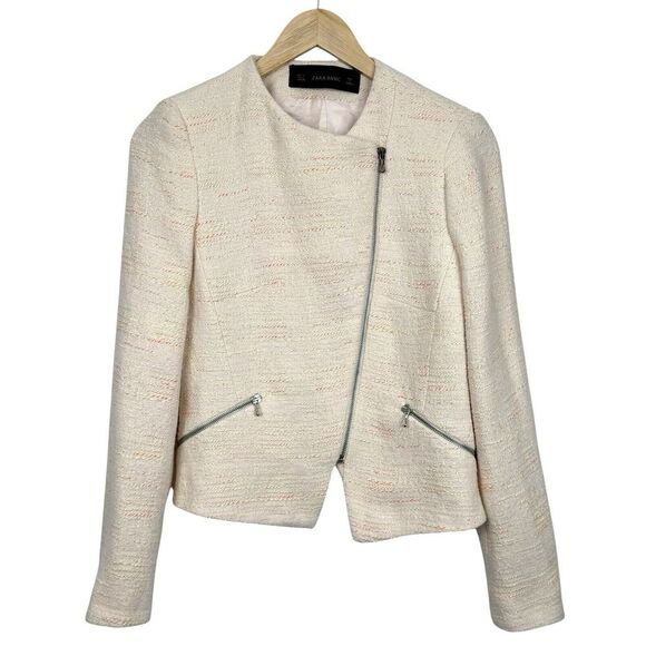 Zara Womens Tweed Moto Jacket Small Ivory Neon Texture Full Zip Blazer Career - Picture 3 of 16